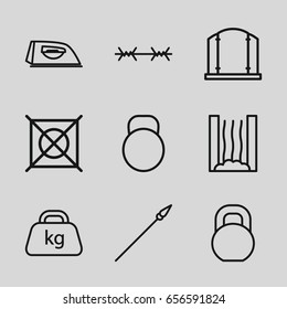 Iron icons set. set of 9 iron outline icons such as gate, iron, no dry cleaning, barbell, weight, heating system, spear, wire fence