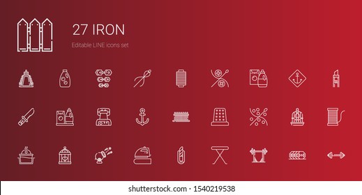 iron icons set. Collection of iron with barbell, iron table, cutter, cannon, cage, laundry, sewing, thimble, fence, anchor, waffle detergent. Editable and scalable icons.