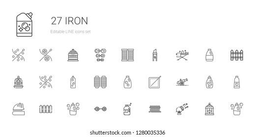 iron icons set. Collection of iron with cannon, fence, detergent, barbell, sewing, thread, bird cage, ironing, cutter, cage, dumbbell. Editable and scalable iron icons.