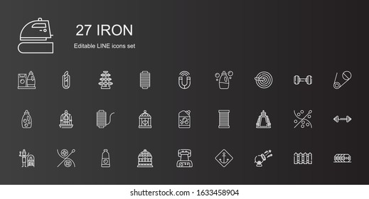 iron icons set. Collection of iron with cannon, anchor, waffle iron, bird cage, detergent, sewing, terracotta, weight, thread, cage, knife, magnet. Editable and scalable icons.