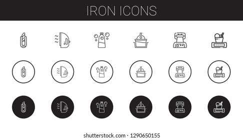 iron icons set. Collection of iron with cutter, detergent, laundry, waffle iron, weight. Editable and scalable icons.