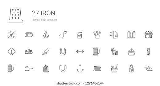 iron icons set. Collection of iron with laundry, fence, anchor, magnet, bird cage, pan, thread, terracotta, barbell, knife, kettlebell, detergent. Editable and scalable iron icons.