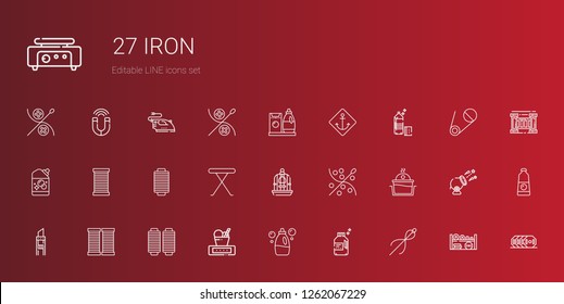 iron icons set. Collection of iron with sewing, detergent, weight, thread, cutter, laundry, bird cage, iron table, anchor, cannon, fence, safety pin. Editable and scalable iron icons.