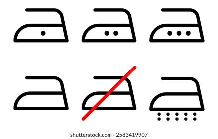 Iron icons set. Steam sign. Low, medium and high temperature sign. Do not iron, no ironing laundry vector symbol. Editable stroke. 