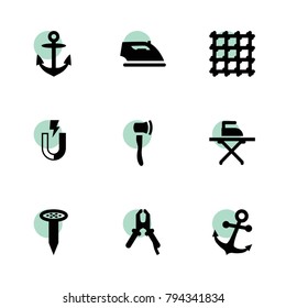 Iron icons. vector collection filled iron icons set.. includes symbols such as pliers, iron, ironing, nail, metal fence, magnet, anchor. use for web, mobile and ui design.