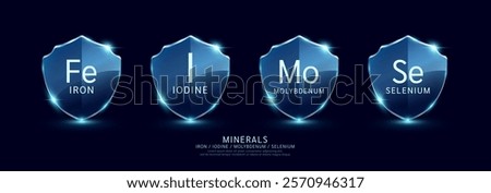 Iron Iodine Molybdenum Selenium in translucent glass shield modern. Minerals set on dark blue background. For design dietary supplement products. Medical health care protection concept. Vector.