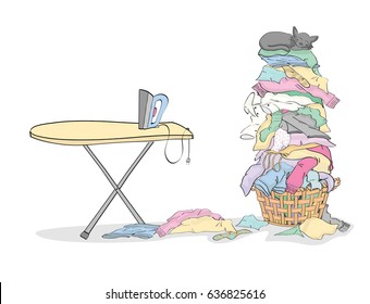 Iron and ironing board with Tall Pile of Laundry  in Basket with Cat
