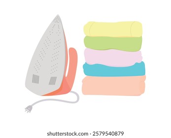 Iron for ironing and a stack of ironed clothes. Vector illustration on a white background.