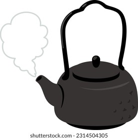 Iron kettle and steam from it