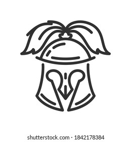 Iron knight helmet with tassel, linear icon. Editable stroke