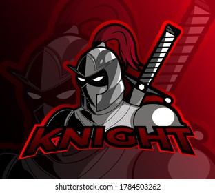 An Iron knight with the sword on his back, mascot vector illustration logo.  Emblem design for esports team.  Vector illustration eps 10.