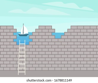 Iron ladder on a brick wall against the background of the sea and the ship. Flat vector illustration.