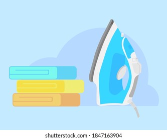 Iron and linen. Ironing linen with steam generator. Functional modern electric iron and stack of folded shirts and T-shirts. Vector illustration