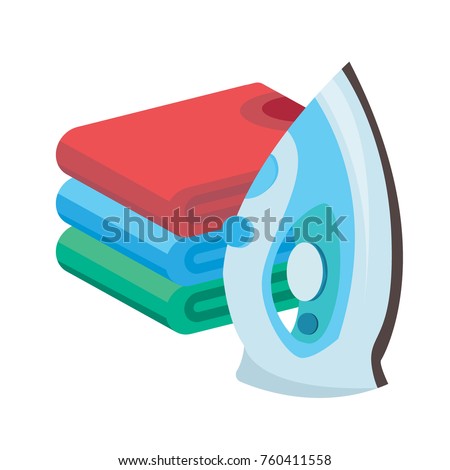 iron and linen vector. Ironing linen with steam generator. A stack of ironed tshirts lying next to the iron..