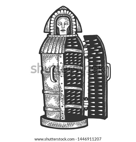 Iron maiden medieval torture device sketch engraving vector illustration. Scratch board style imitation. Hand drawn image.