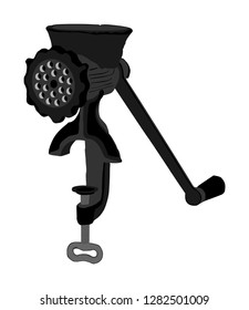 Iron Meat Grinder vector isolated on white background. Kitchen equipment. Butcher tool. Domestic machine for food.