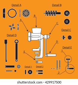 Iron meat grinder vector isolated on orange background. Technical drawing meat grinder