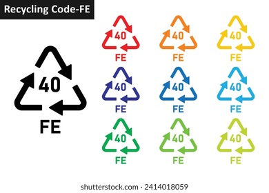 Iron metal recycling code icon set. Metal recycling symbols 40 FE. Metal recycling code 40 icon collection in ten different colors. Set of meta recycling code symbol icon 40 FE.