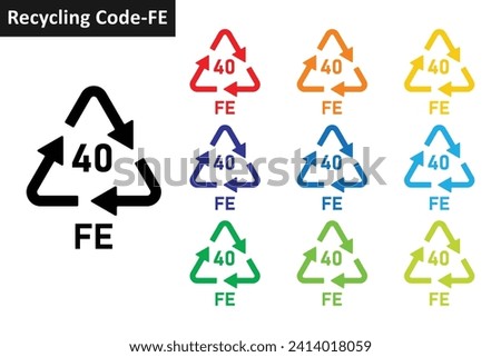 Iron metal recycling code icon set. Metal recycling symbols 40 FE. Metal recycling code 40 icon collection in ten different colors. Set of meta recycling code symbol icon 40 FE.