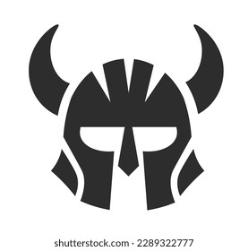 Iron or metal viking tribes helmets. Headpieces with horns of animals, horned headgear or protective mask. Ancient warrior or knight equipment isolated monochrome icon. Vector in flat style