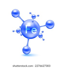 Iron mineral in the form of atoms molecules blue glossy. Zinc icon 3D isolated on white background. Minerals vitamin complex. Medical and science concept. Vector EPS10 illustration.