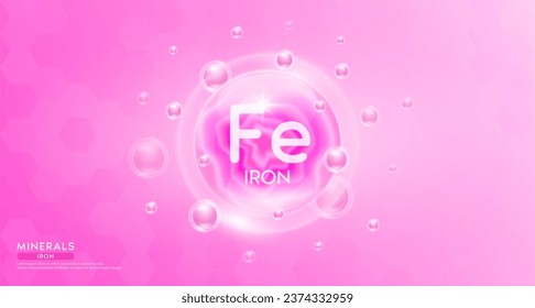 Iron minerals inside pink bubble floating in the air. Vitamins complex essential supplement to the health care. For food  nutrition and medicine. Science medical concept. Banner 3D vector.