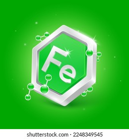 Iron minerals in pentagon green shape with chemical atom molecule orbit around. 3D Logo label nutrition silver. Used for products food and medicine design. Science concepts. Isolated Vector.