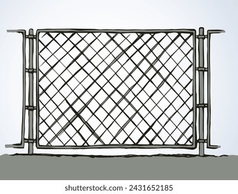 Iron Mma enclose detain chainlink framework hedge bar section element on white sky backdrop. Black line hand drawn design logo sign sketch in modern art doodle style. Close up view with space for text