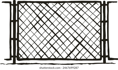 Iron Mma enclose detain chainlink framework hedge bar section element on white sky backdrop. Black line hand drawn design logo sign sketch in modern art doodle style. Close up view with space for text