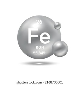 Iron molecule models silver and chemical formulas scientific element. Natural gas. Ecology and biochemistry concept. Isolated spheres on white background. 3D Vector Illustration.