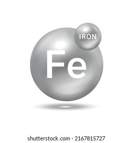 Eisen Molekül Modelle Silber. Konzept der Ökologie und Biochemie. Einzige Kugeln auf weißem Hintergrund. 3D-Vektorgrafik.