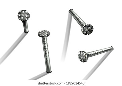 Iron nails hammered into wall, straight steel spikes with circle head. Vector realistic set of metal pins, hardware hobnails, carpentry and construction tools isolated on white background