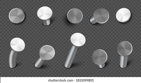 Iron nails hammered in wall, straight and bent steel spikes with circle head. Vector realistic set of metal pins, hardware hobnails, carpentry and construction tools isolated on transparent background