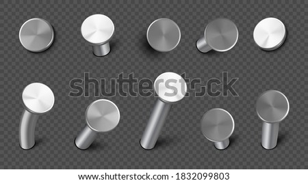 Iron nails hammered in wall, straight and bent steel spikes with circle head. Vector realistic set of metal pins, hardware hobnails, carpentry and construction tools isolated on transparent background