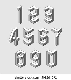 Números de hierro. Formas decorativas gráficas. Estilo memphis. De moda. Símbolos matemáticos. Isométrica ilustración vectorial. 3d cifras. Caracteres digitales.
