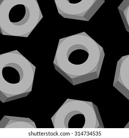 Iron Nuts on a black background seamless pattern. Vector of metall fasteners.
