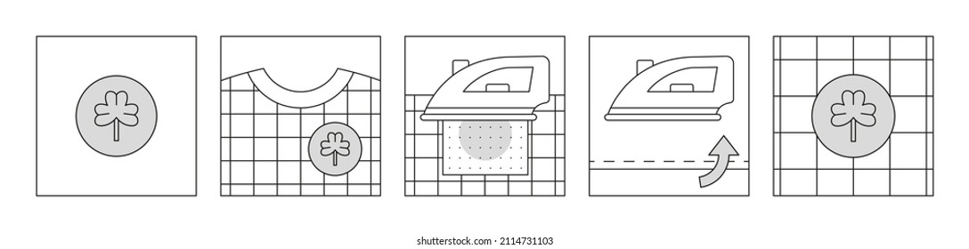 Iron on clothing patches. Instruction in pictures. How to attach patches with heat seal backing. Scheme can be used in package design. Heat, thermo or thermal patches for clothes. Vector illustration