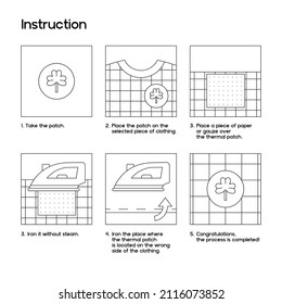 Iron on clothing patches. Instruction in pictures. How to attach patches with heat seal backing. Scheme can be used in package design. Heat, thermo or thermal patches for clothes. Vector illustration