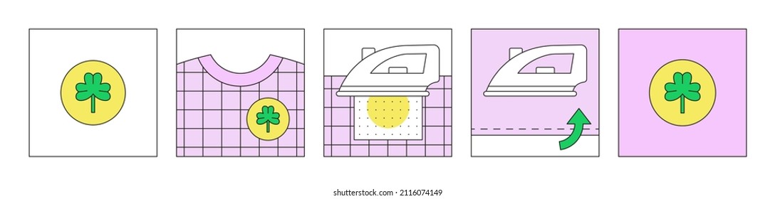 Parches de hierro sobre ropa. Instrucción en imágenes. Cómo colocar parches con respaldo de sello térmico. El esquema se puede usar en el diseño de paquetes. Calor, termo o parches térmicos para la ropa. Ilustración del vector