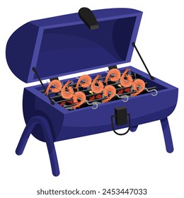An iron open grill with burning coals and fresh shrimp on a skewer, creating an atmosphere of cooking. Perfect for barbecue-themed invitations. An insulated object on legs with an open top. Black coal