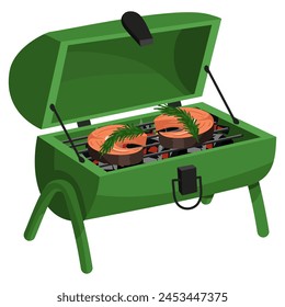 An iron outdoor grill with burning coals and fried red fish steak, creating an atmosphere of cooking. Perfect for barbecue-themed invitations. An insulated object on legs with an open top. Black coal
