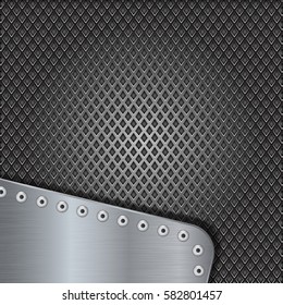 Iron perforated background with metal brushed element with rivets. Vector 3d illustration.