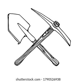 iron pickaxe & shovel with wooden handle, mining tool, treasure hunting logo or emblem, vector illustration with black ink contour lines isolated on a white background in a hand drawn & doodle style