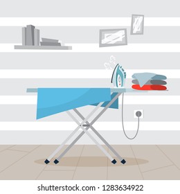 Iron and pile of clothes on ironing board. Idea of domestic work and laundry. Housework concept. Flat vector illustration