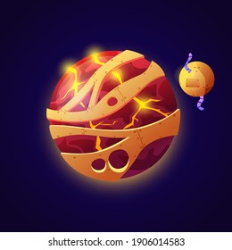 Iron planet and satellite, fantasy or fiction celestial body made of iron and hot solidified lava. Universe and outer space exploration, asteroid or unknown meteor. Cartoon vector in flat style