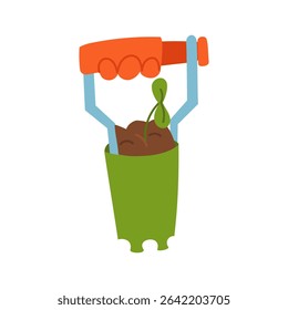 An iron planting cone with a sprout of soil. Gardening tools. Flat color illustration. Garden yard. Suitable for gardening, site maintenance, weed control, agricultural machinery and manual labor