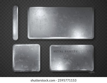 Iron plaque isolated on dark background. Silver shiny metal surface. metal banners set, sign or label design