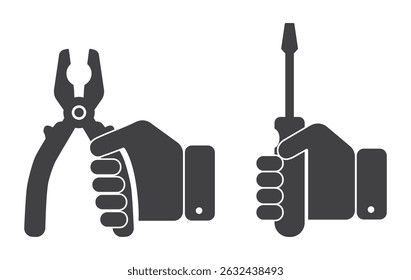 iron pliers and screwdriver tool for work in human hand repair icon set