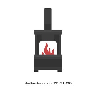 Iron potbelly stove for heating the apartment logo design. Old stove with chimney, antique cast iron stove with flames at the viewing window, plus vessel for firewood vector design and illustration.

