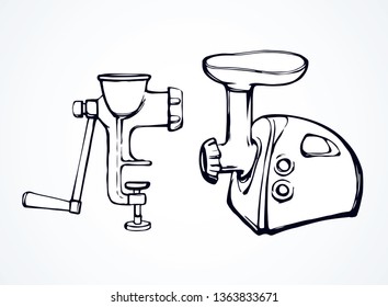 Iron power meatgrinder on light backdrop. Freehand black outline ink hand drawn culinary object device logo pictogram emblem sketchy in retro art doodle engrave print style pen on paper space for text